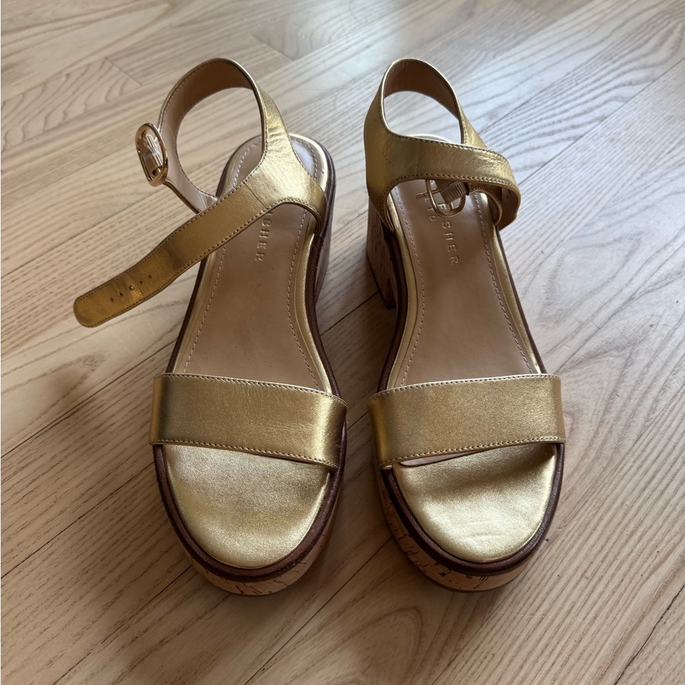 Marc Fisher Gold Wedge Sandals with a cork heel